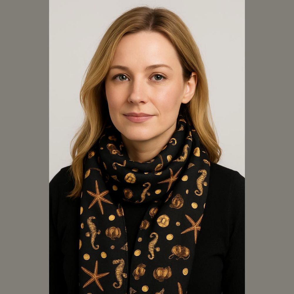 Apexx Collection Seashell Print Scarf Black and Gold 22.5 x 11.5